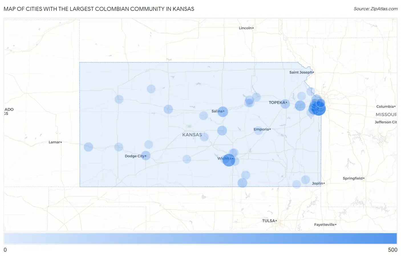 Cities with the Largest Colombian Community in Kansas Map