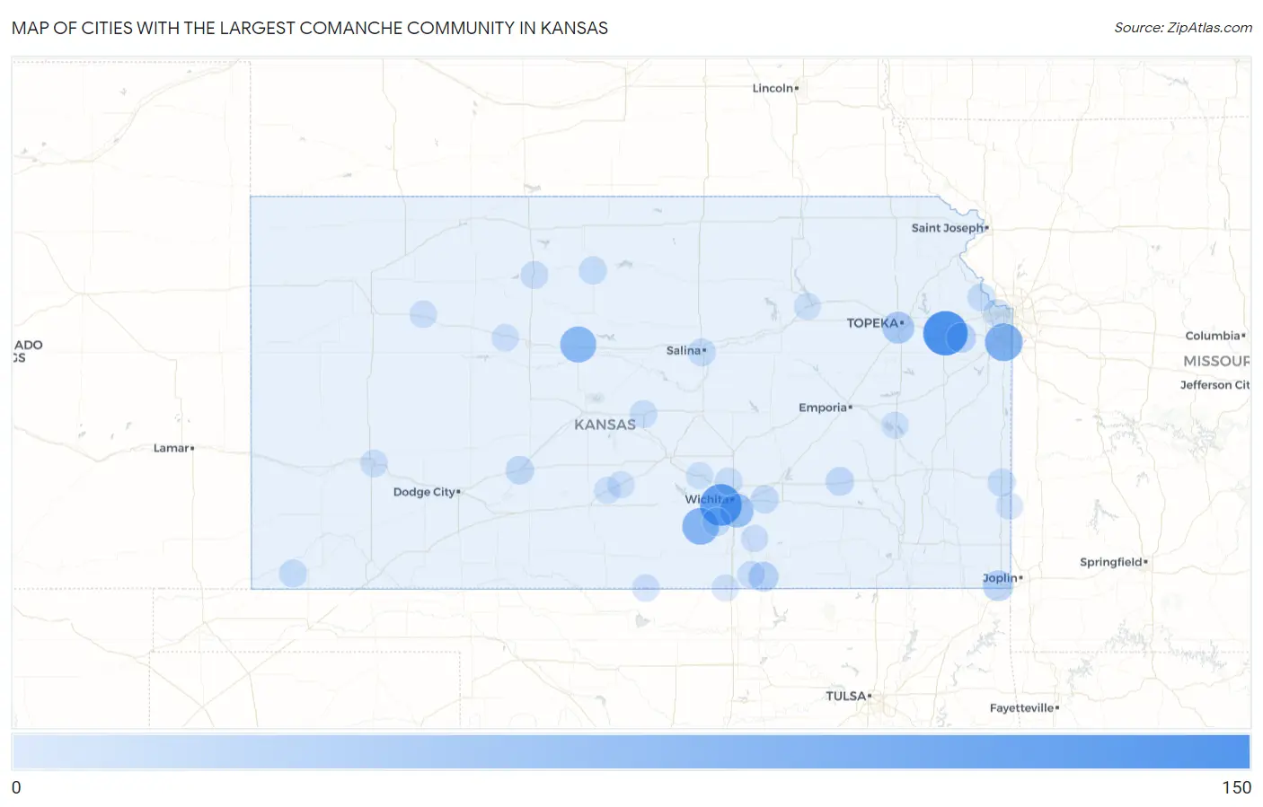 Cities with the Largest Comanche Community in Kansas Map