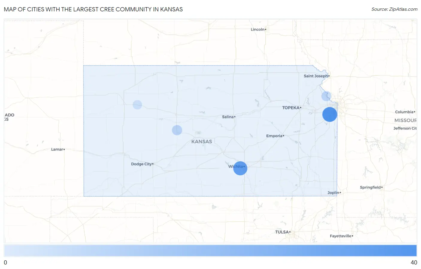 Cities with the Largest Cree Community in Kansas Map