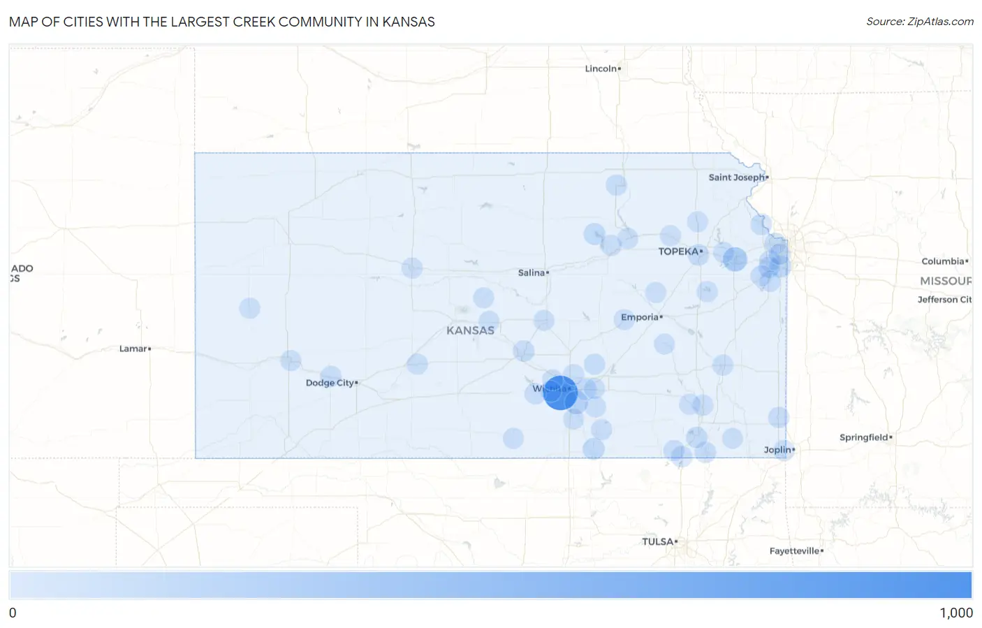 Cities with the Largest Creek Community in Kansas Map