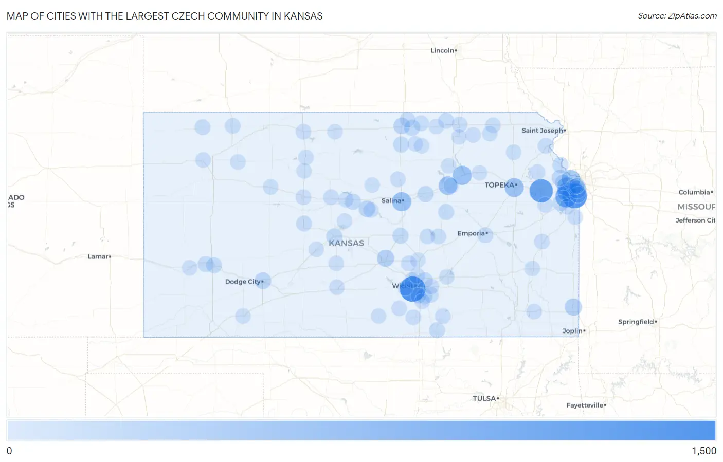 Cities with the Largest Czech Community in Kansas Map