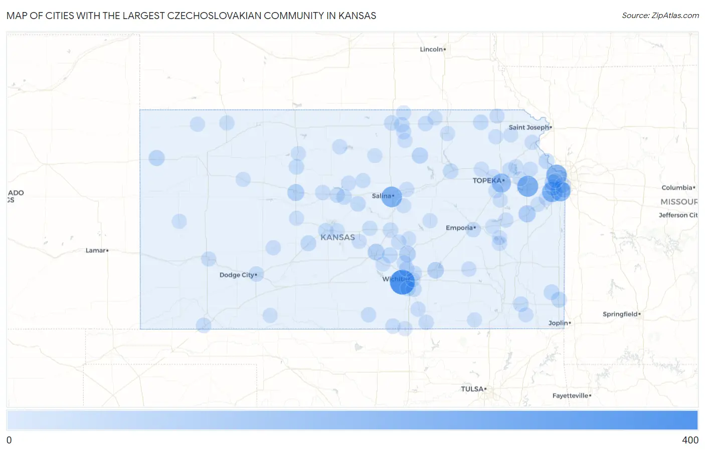 Cities with the Largest Czechoslovakian Community in Kansas Map