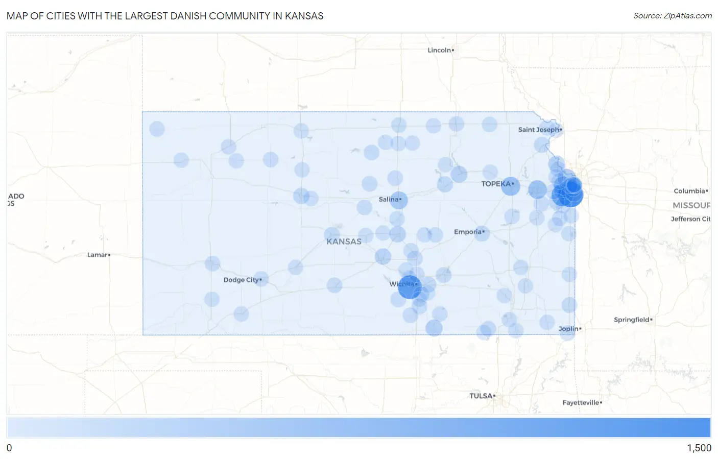 Cities with the Largest Danish Community in Kansas Map