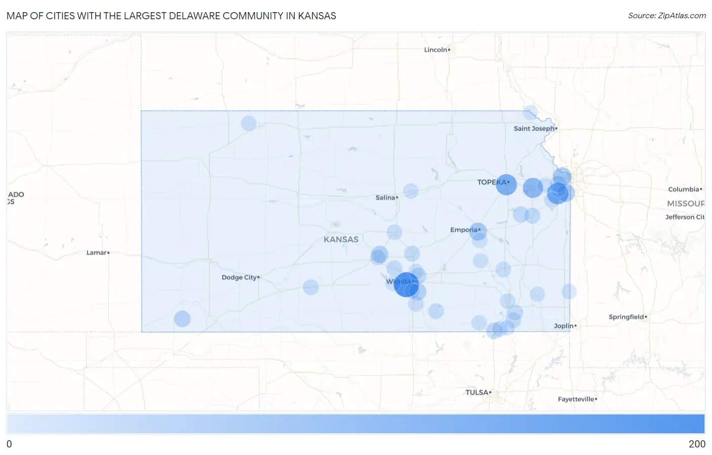 Cities with the Largest Delaware Community in Kansas Map