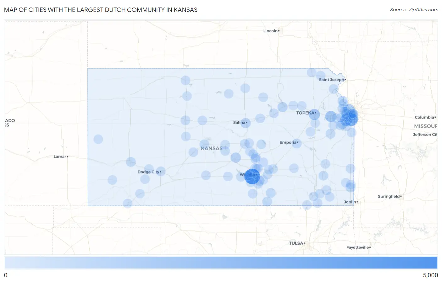Cities with the Largest Dutch Community in Kansas Map
