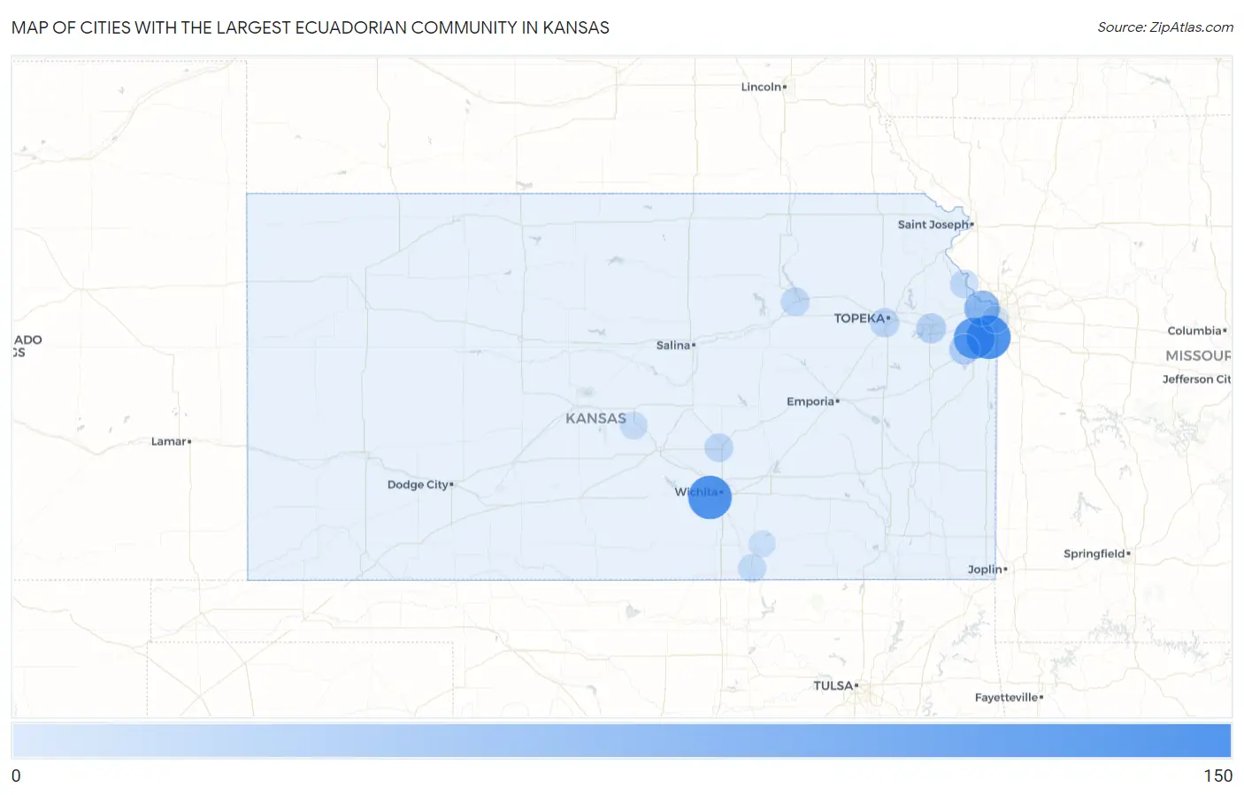 Cities with the Largest Ecuadorian Community in Kansas Map