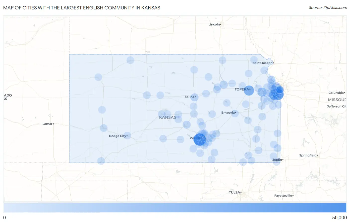 Cities with the Largest English Community in Kansas Map