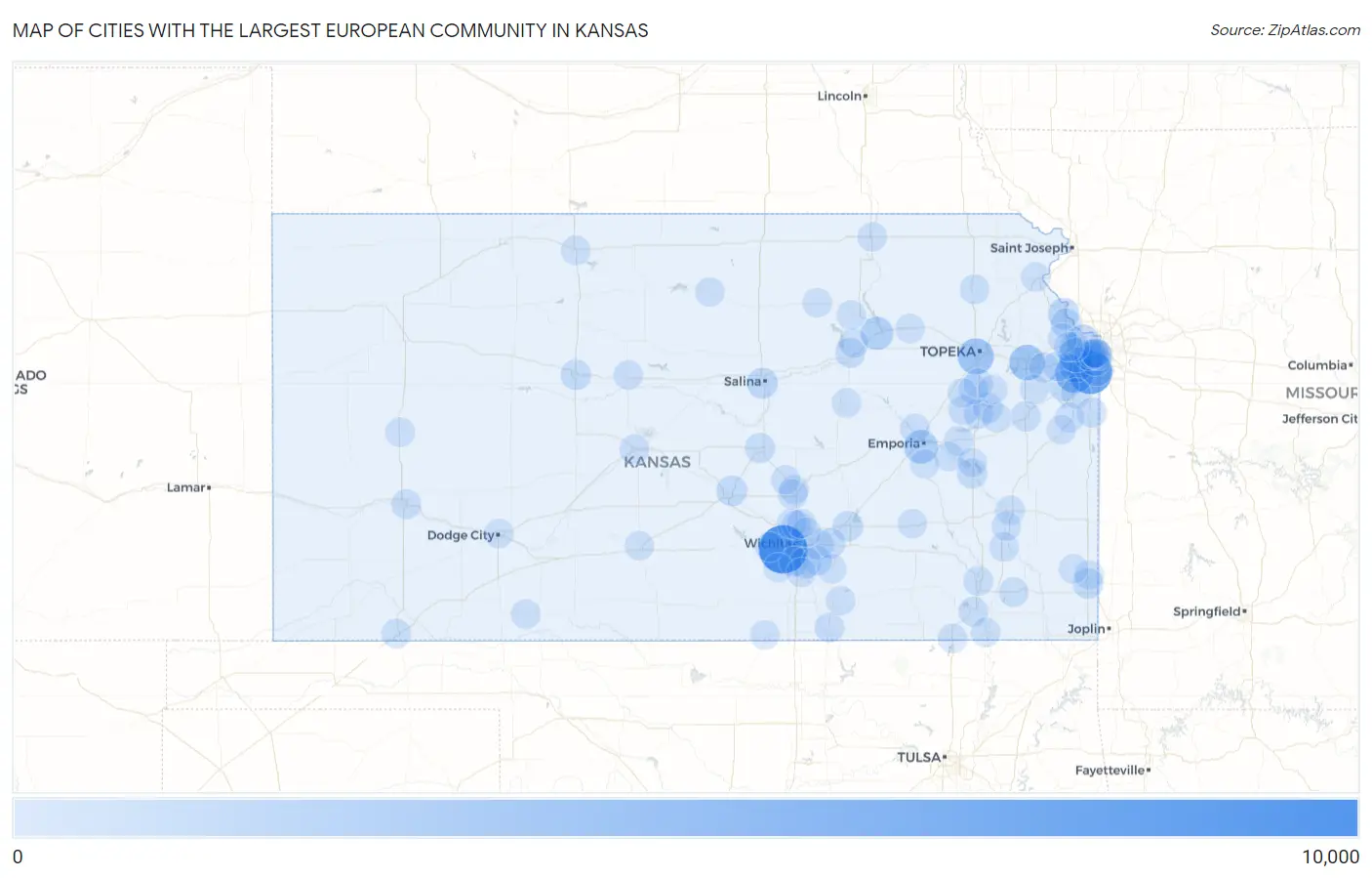 Cities with the Largest European Community in Kansas Map