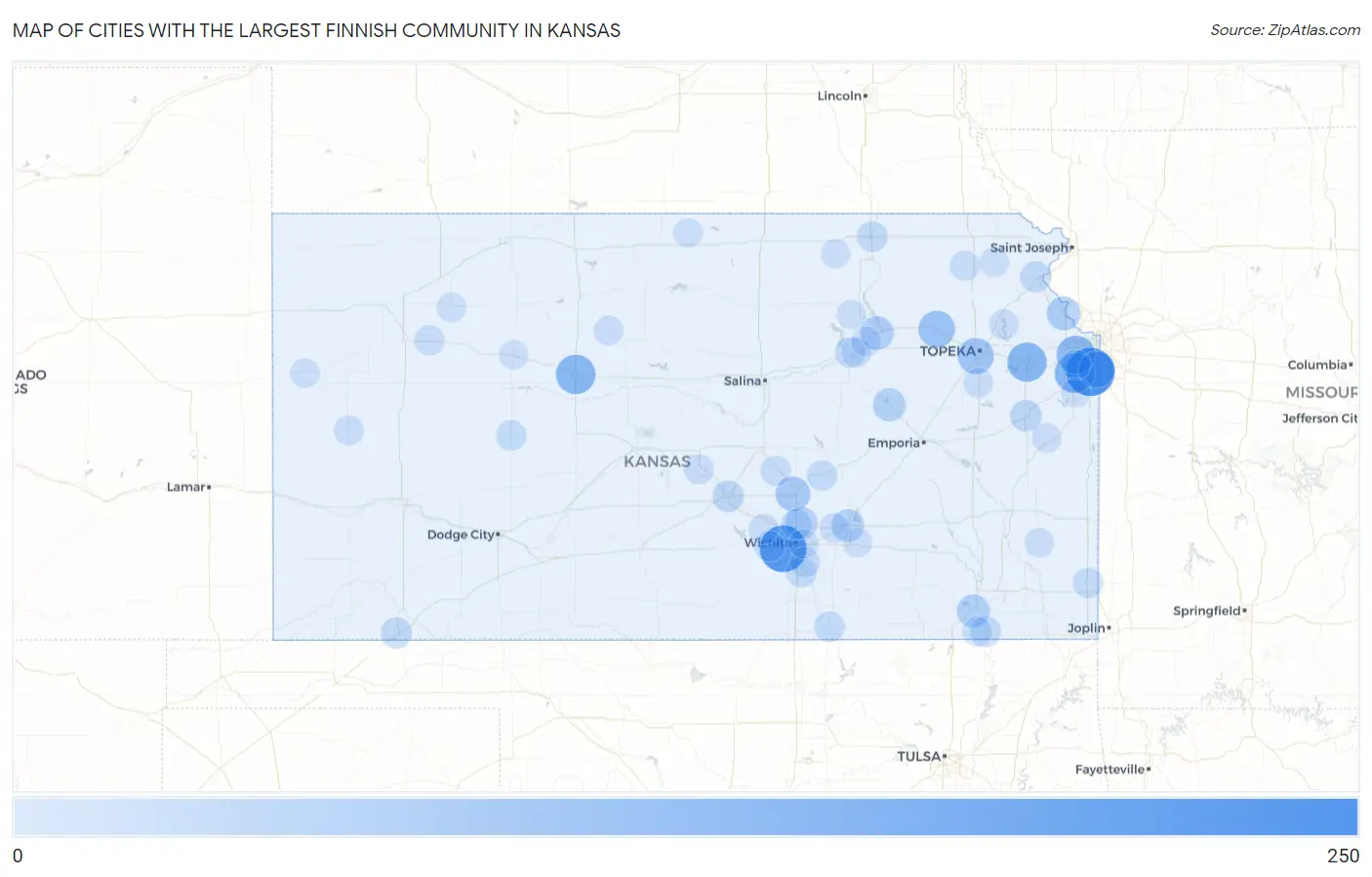 Cities with the Largest Finnish Community in Kansas Map