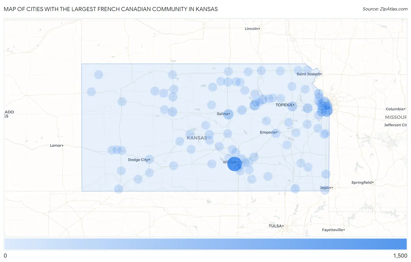Cities with the Largest French Canadian Community in Kansas Map
