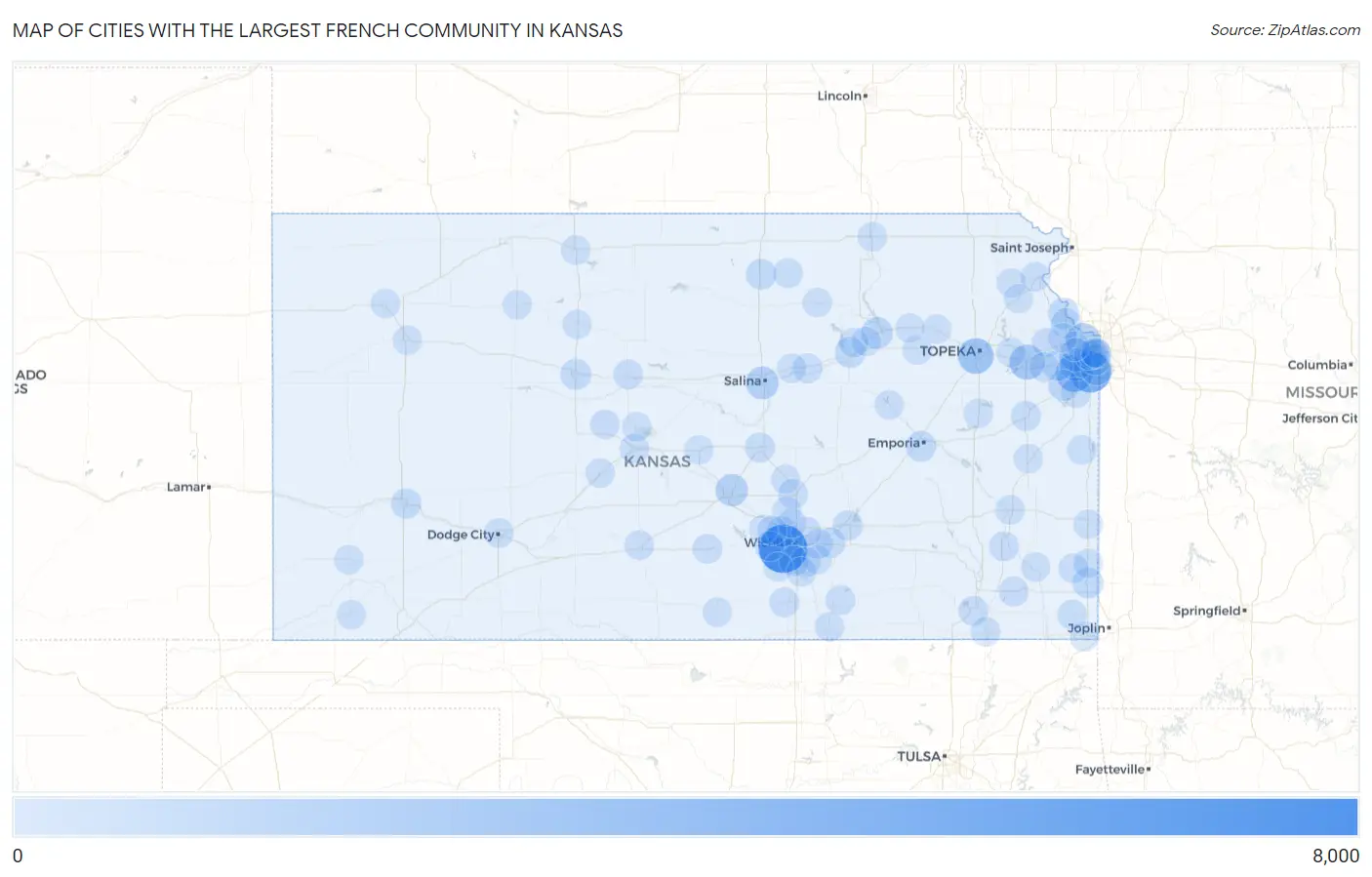 Cities with the Largest French Community in Kansas Map
