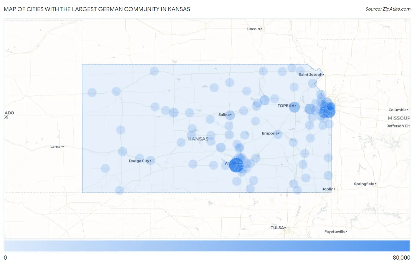 Cities with the Largest German Community in Kansas Map