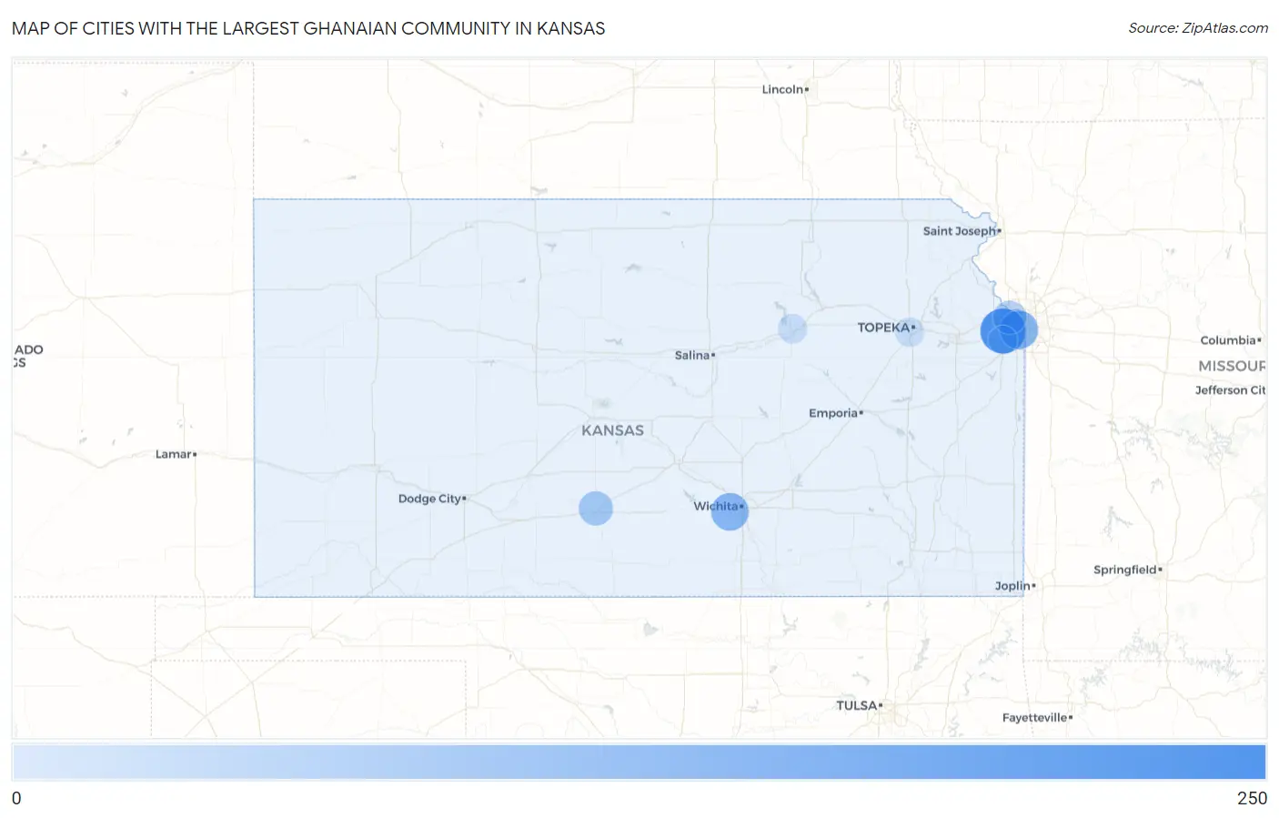 Cities with the Largest Ghanaian Community in Kansas Map