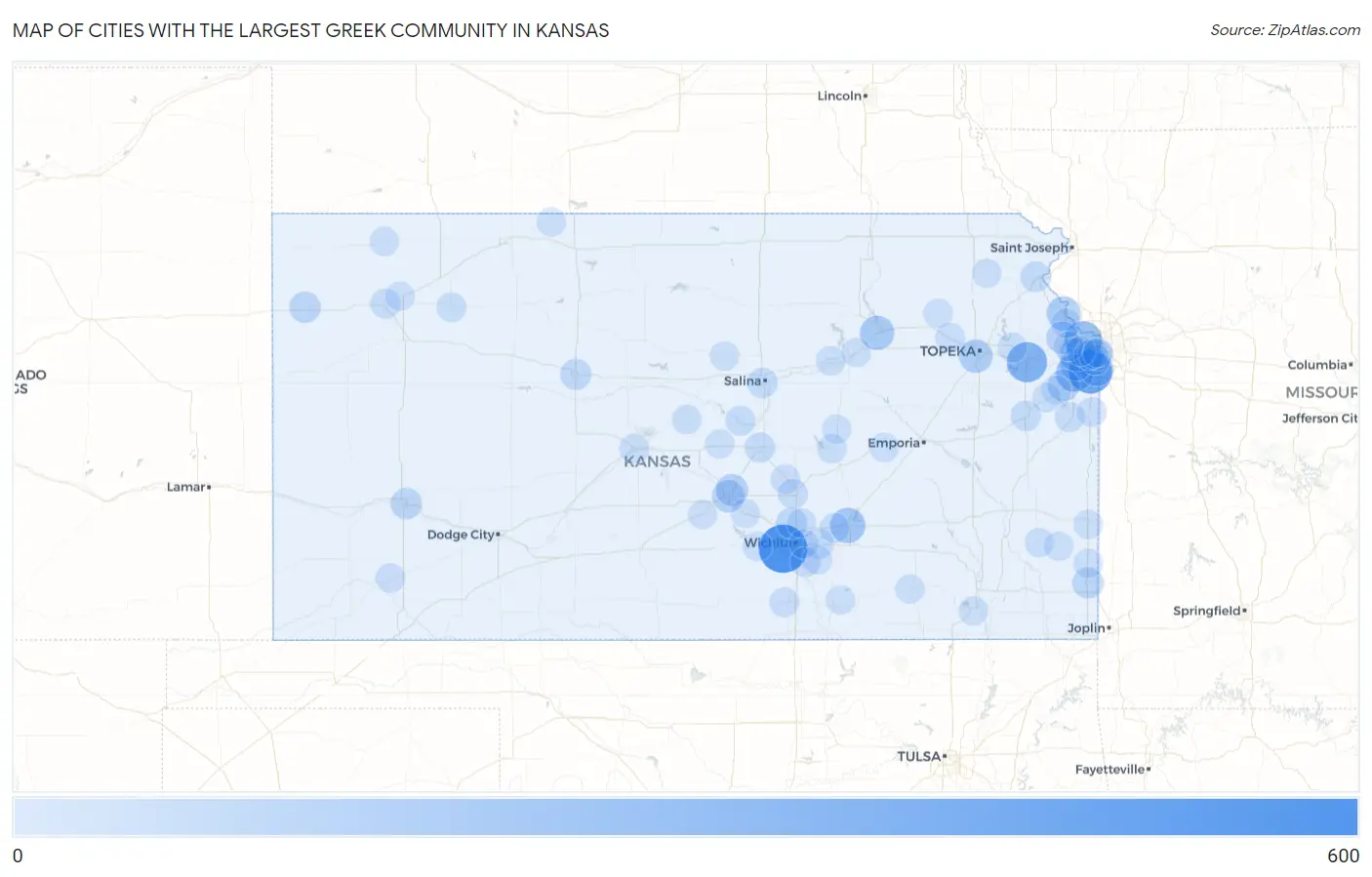 Cities with the Largest Greek Community in Kansas Map