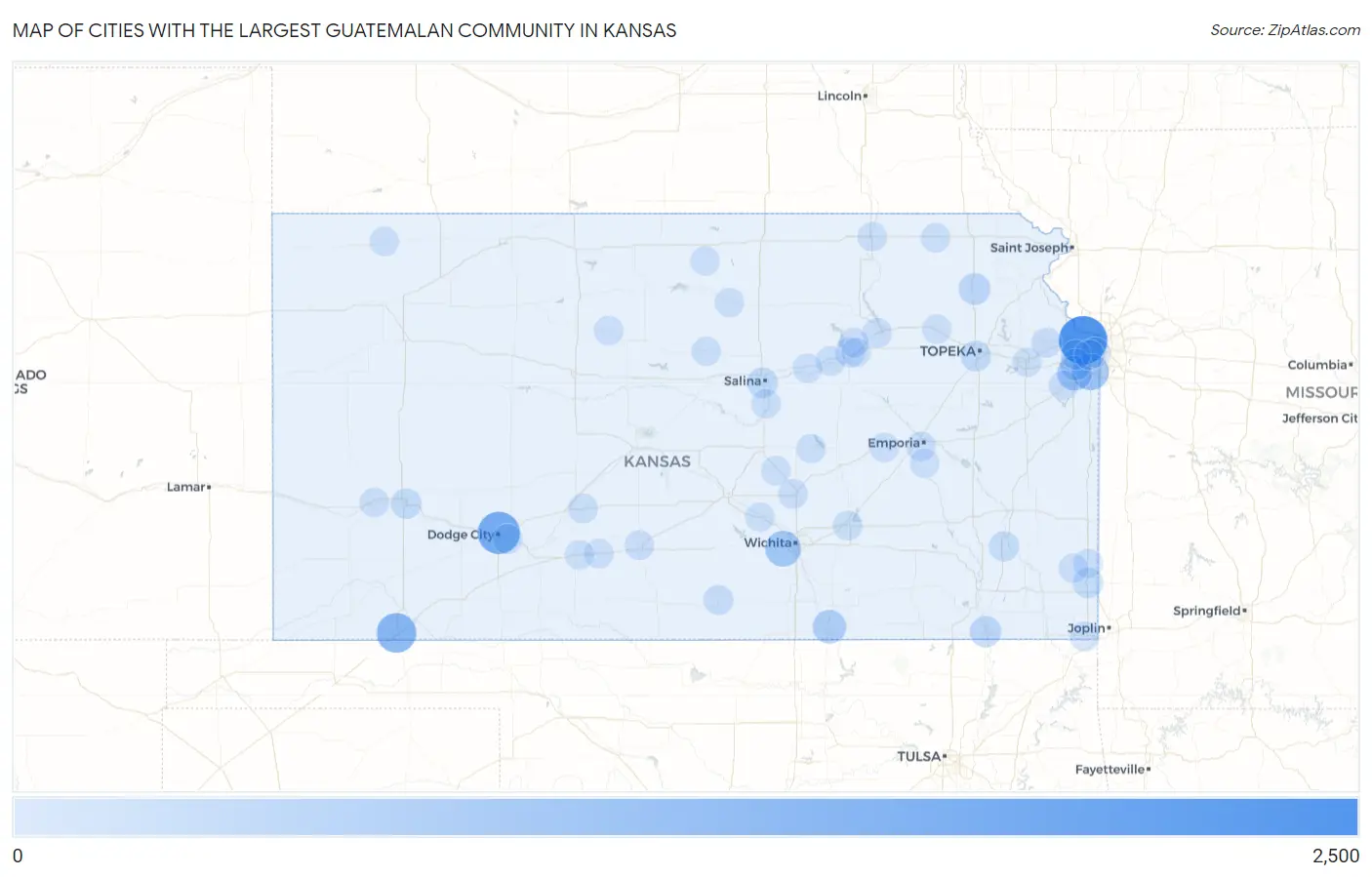 Cities with the Largest Guatemalan Community in Kansas Map