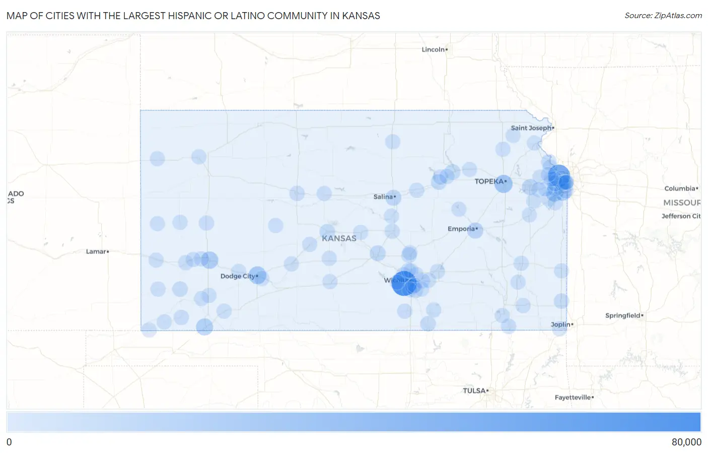 Cities with the Largest Hispanic or Latino Community in Kansas Map