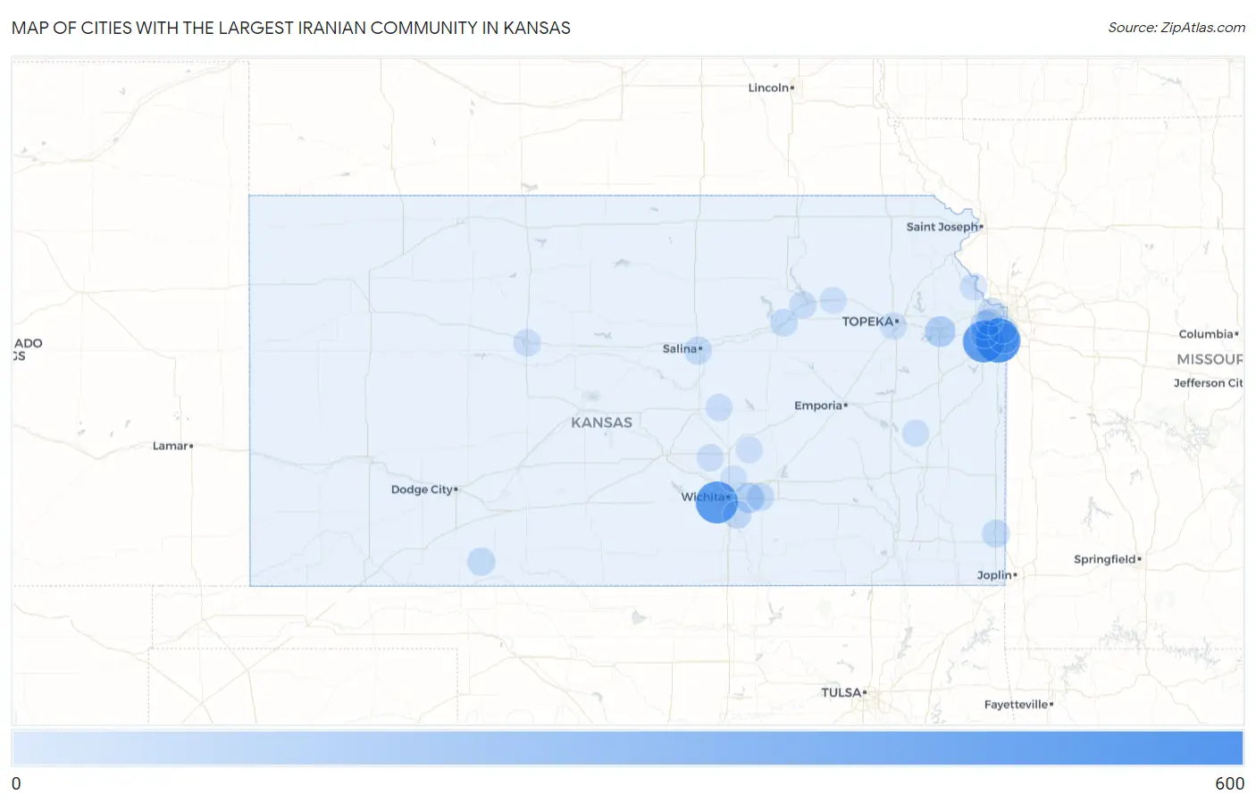 Cities with the Largest Iranian Community in Kansas Map