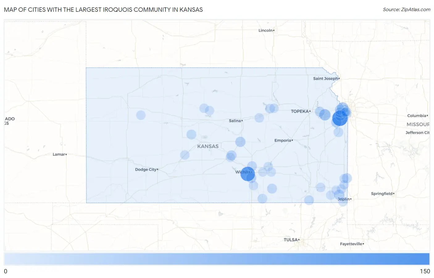 Cities with the Largest Iroquois Community in Kansas Map
