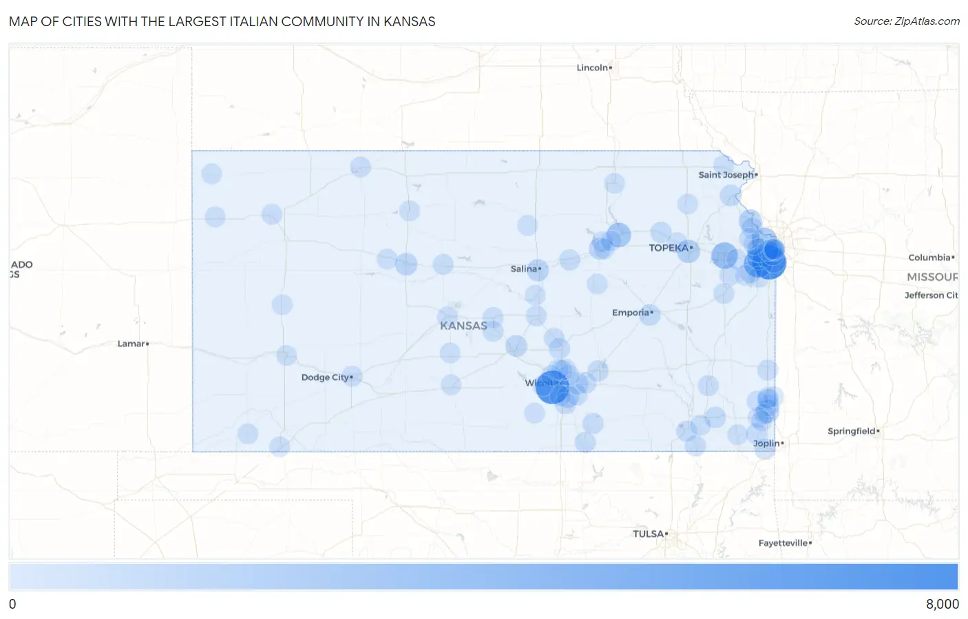 Cities with the Largest Italian Community in Kansas Map