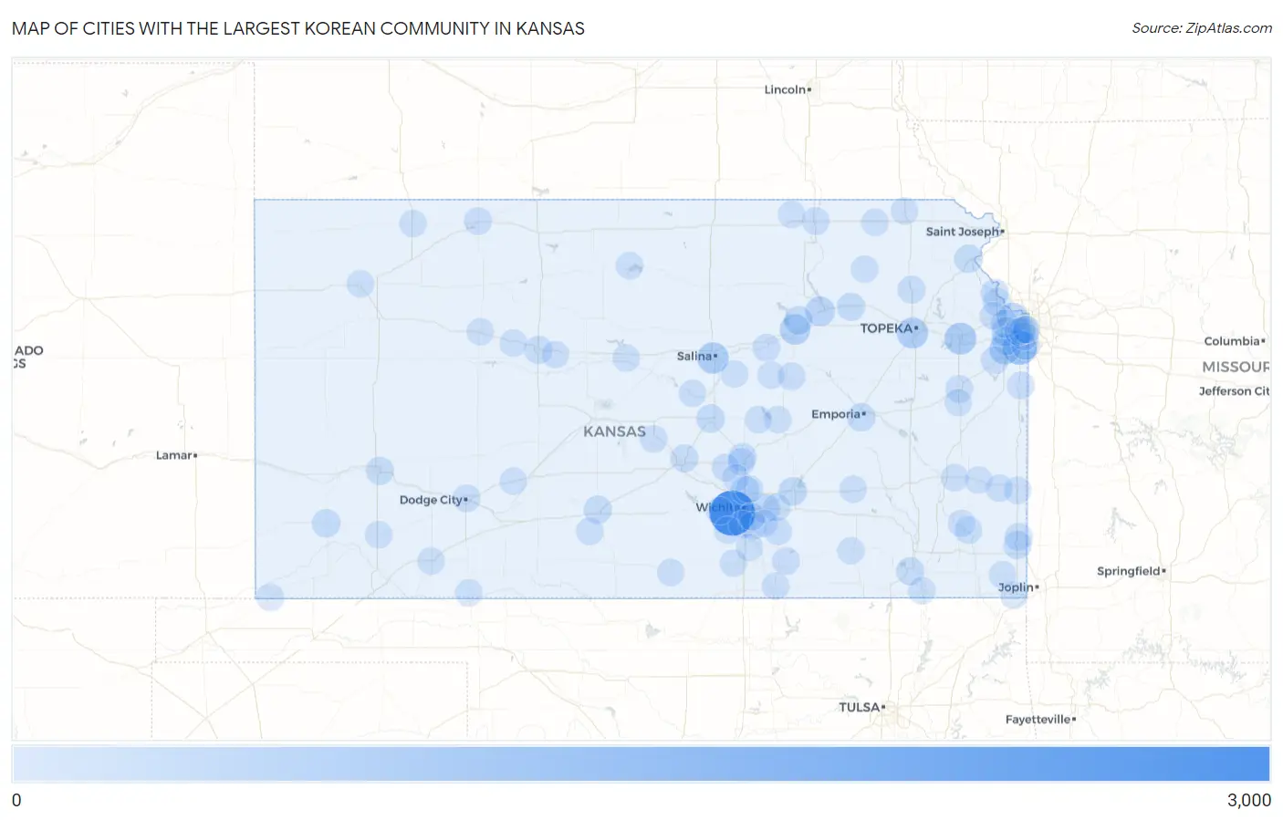 Cities with the Largest Korean Community in Kansas Map