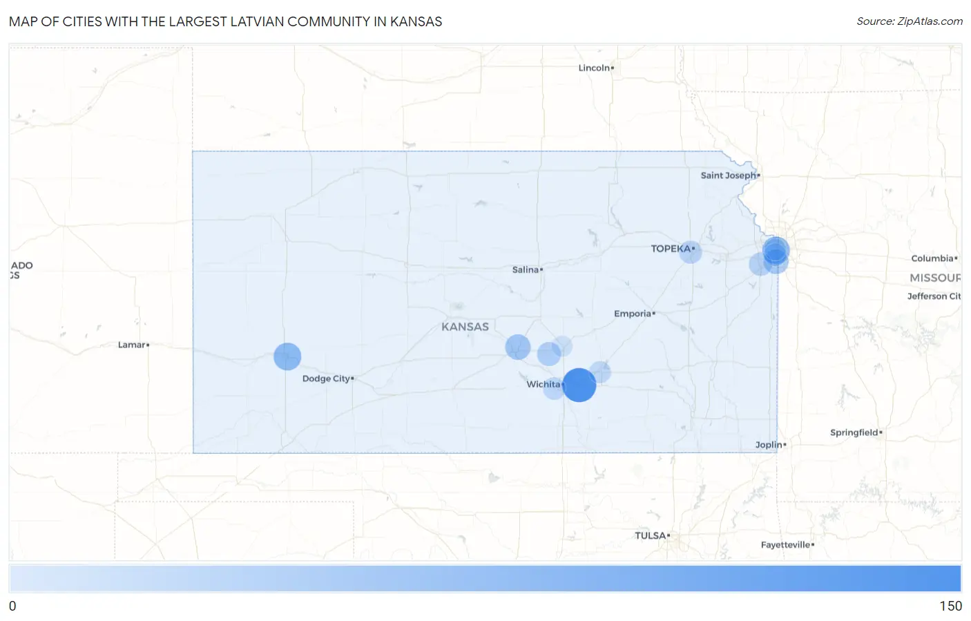 Cities with the Largest Latvian Community in Kansas Map