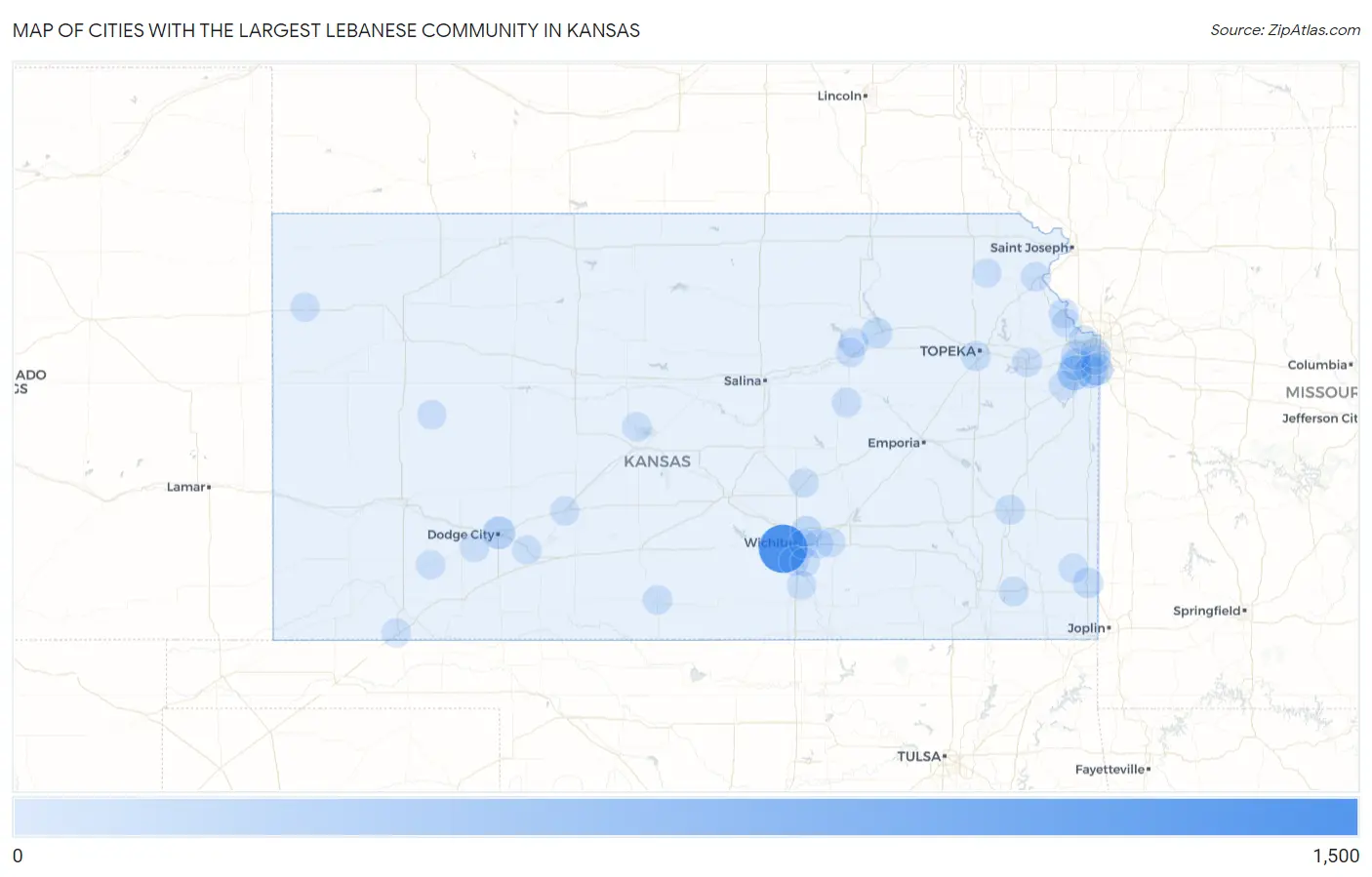 Cities with the Largest Lebanese Community in Kansas Map