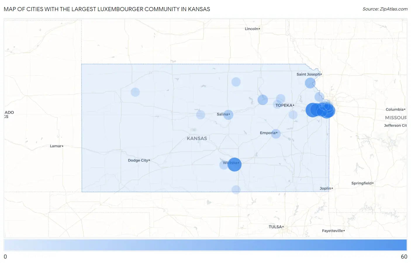 Cities with the Largest Luxembourger Community in Kansas Map