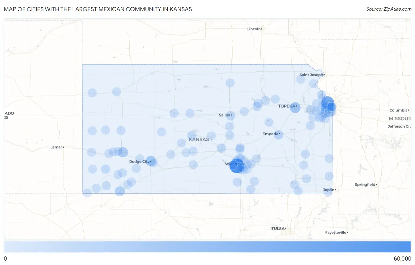 Cities with the Largest Mexican Community in Kansas Map