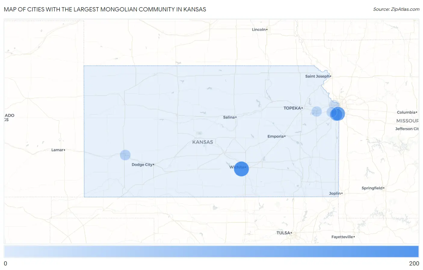 Cities with the Largest Mongolian Community in Kansas Map