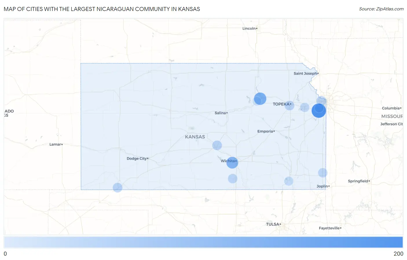Cities with the Largest Nicaraguan Community in Kansas Map