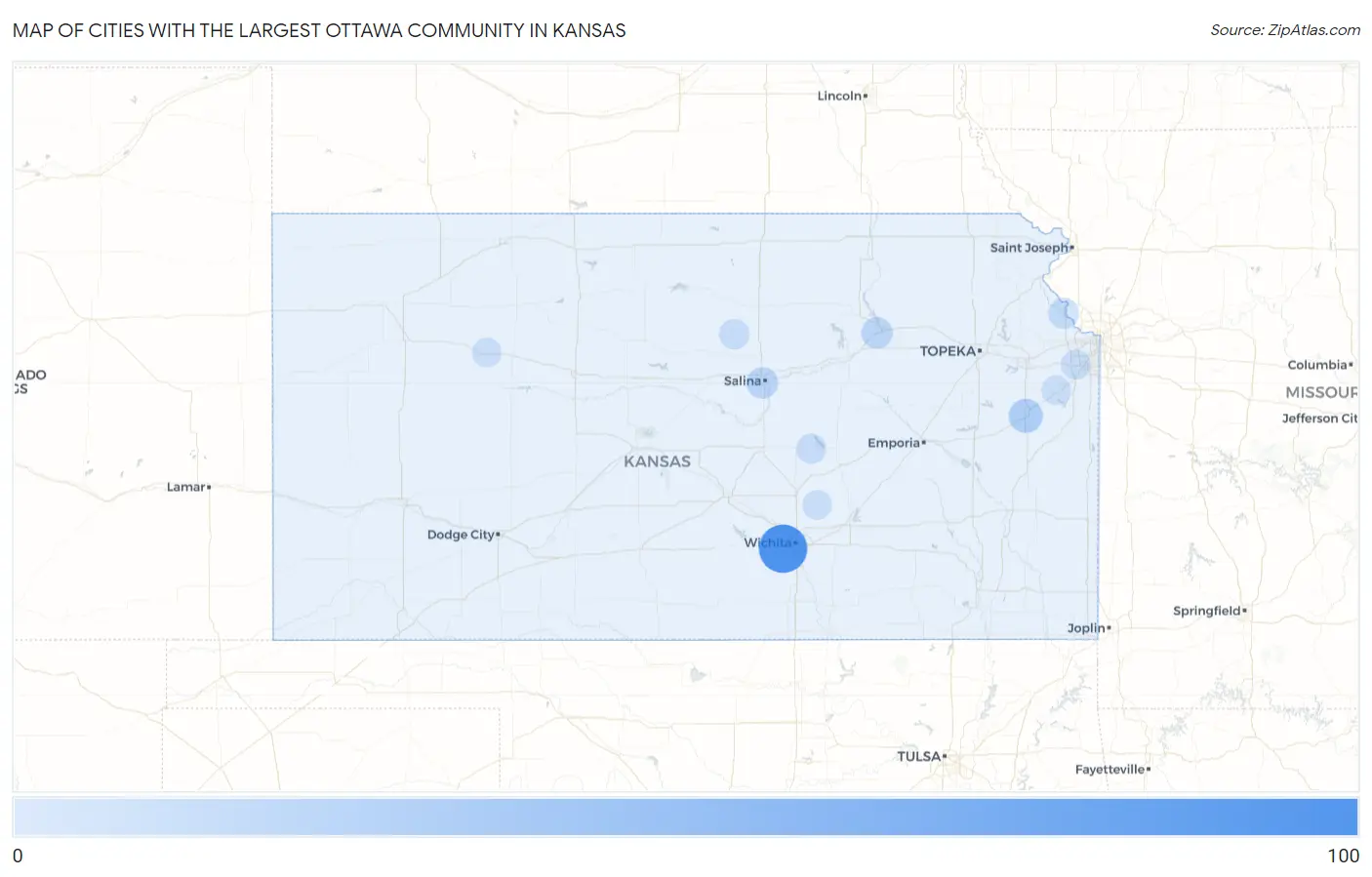 Cities with the Largest Ottawa Community in Kansas Map