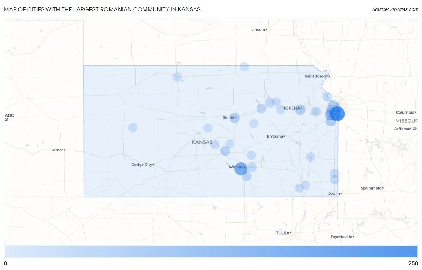 Cities with the Largest Romanian Community in Kansas Map