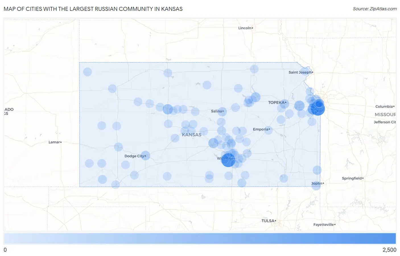 Cities with the Largest Russian Community in Kansas Map