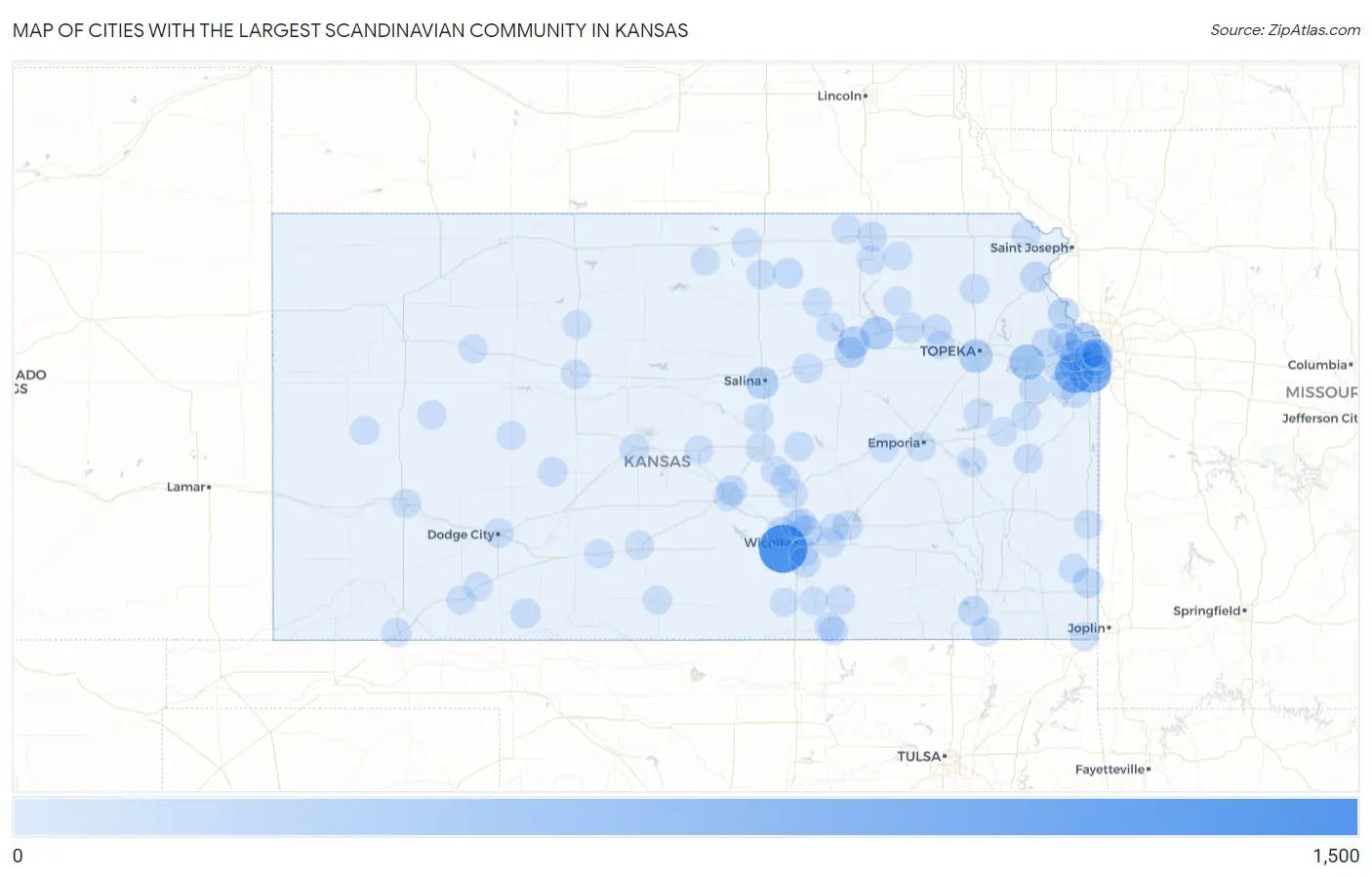 Cities with the Largest Scandinavian Community in Kansas Map