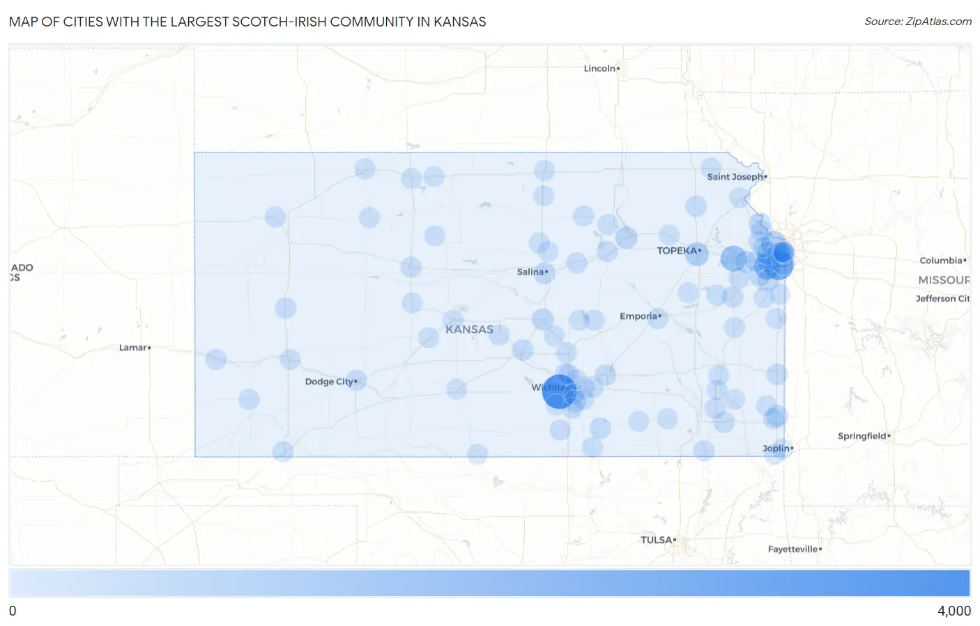 Cities with the Largest Scotch-Irish Community in Kansas Map