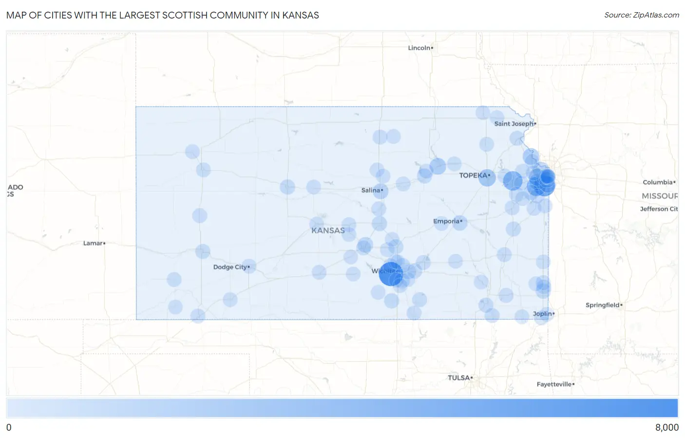 Cities with the Largest Scottish Community in Kansas Map