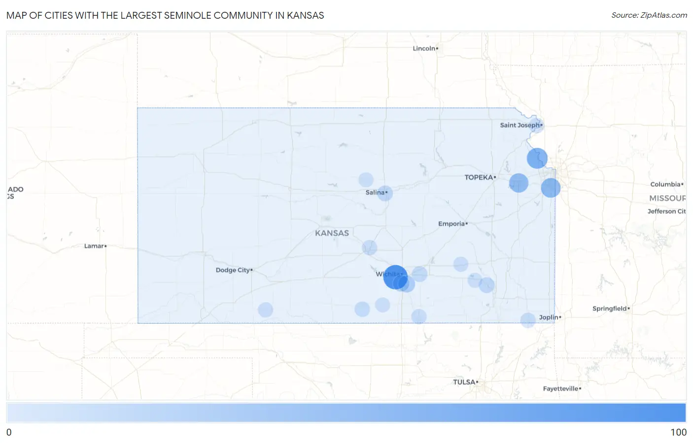 Cities with the Largest Seminole Community in Kansas Map
