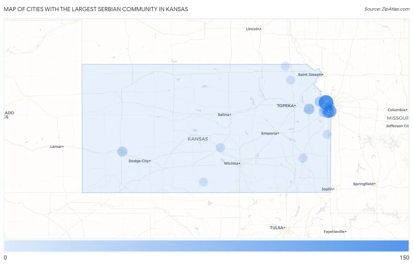 Cities with the Largest Serbian Community in Kansas Map