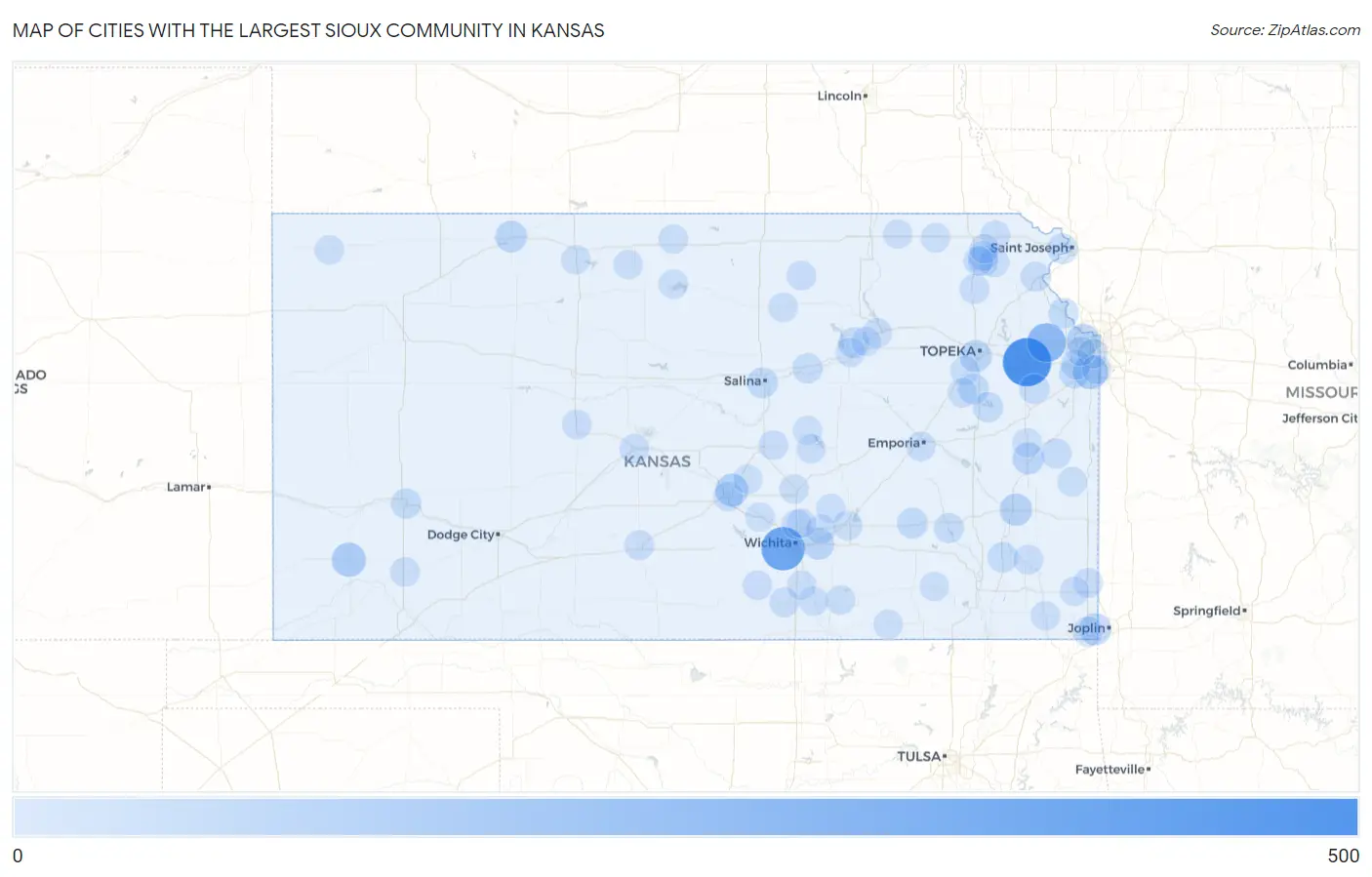 Cities with the Largest Sioux Community in Kansas Map