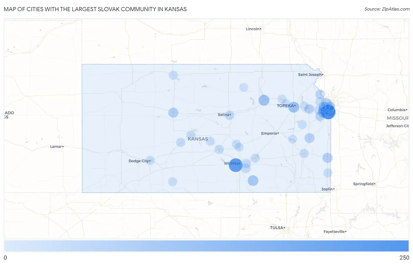Cities with the Largest Slovak Community in Kansas Map