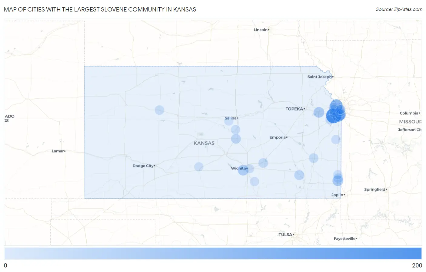 Cities with the Largest Slovene Community in Kansas Map