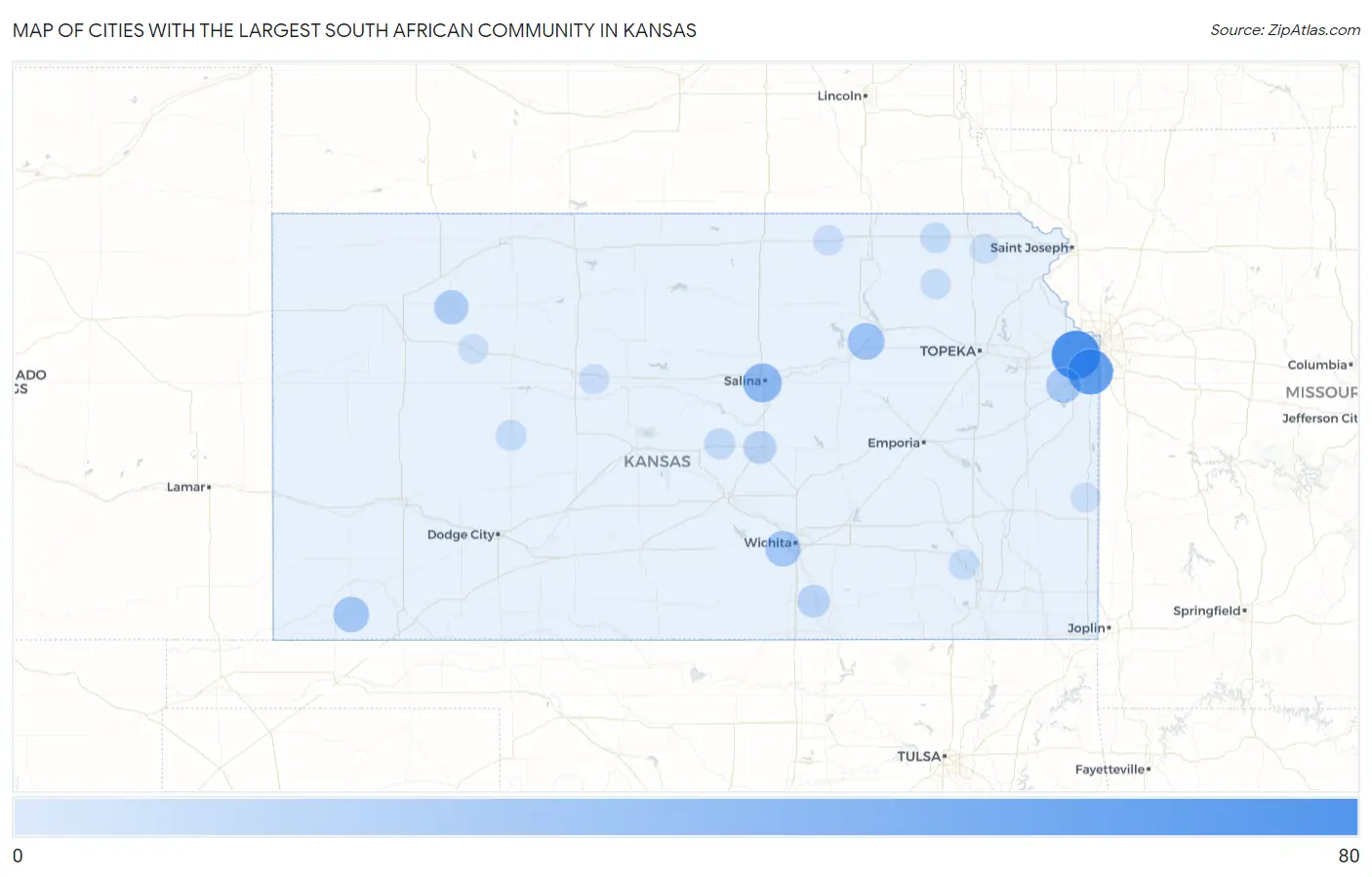 Cities with the Largest South African Community in Kansas Map