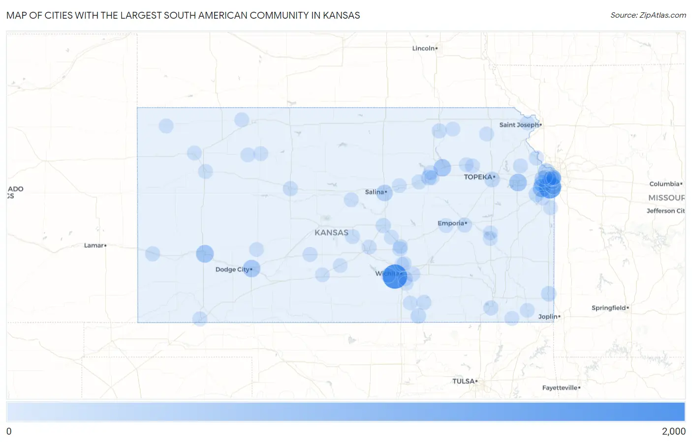Cities with the Largest South American Community in Kansas Map