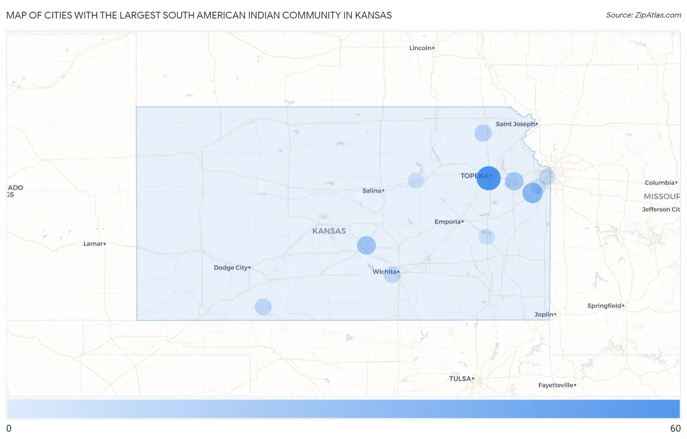 Cities with the Largest South American Indian Community in Kansas Map