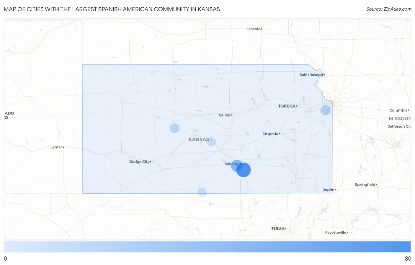 Cities with the Largest Spanish American Community in Kansas Map
