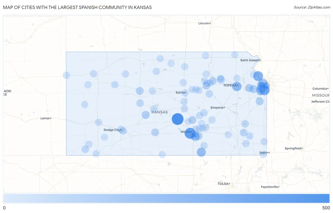 Cities with the Largest Spanish Community in Kansas Map
