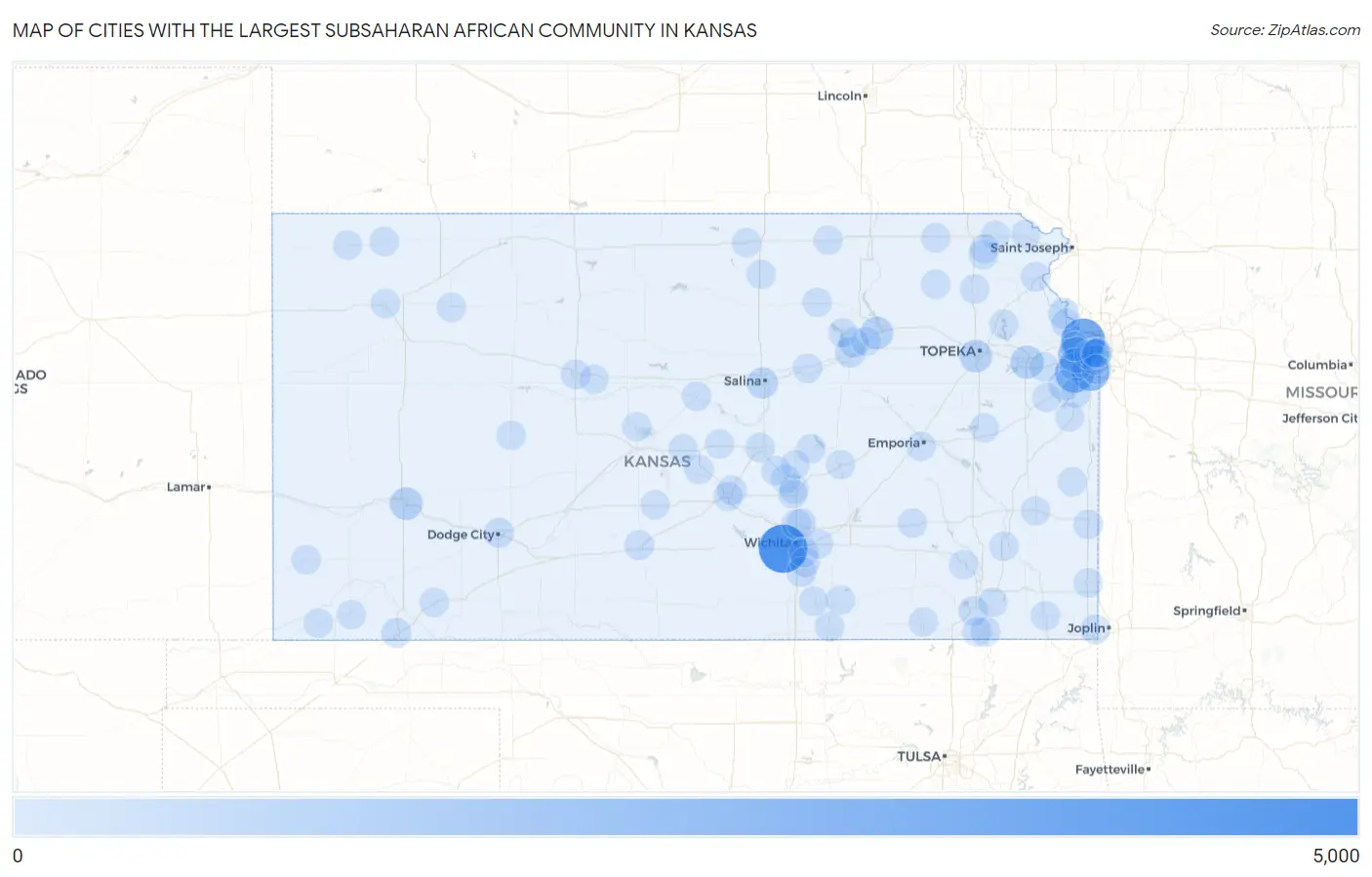 Cities with the Largest Subsaharan African Community in Kansas Map