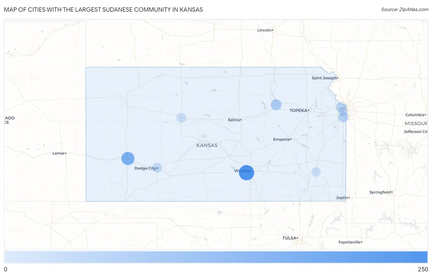Cities with the Largest Sudanese Community in Kansas Map