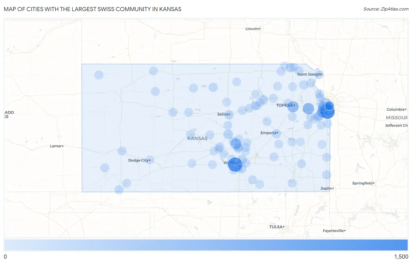 Cities with the Largest Swiss Community in Kansas Map