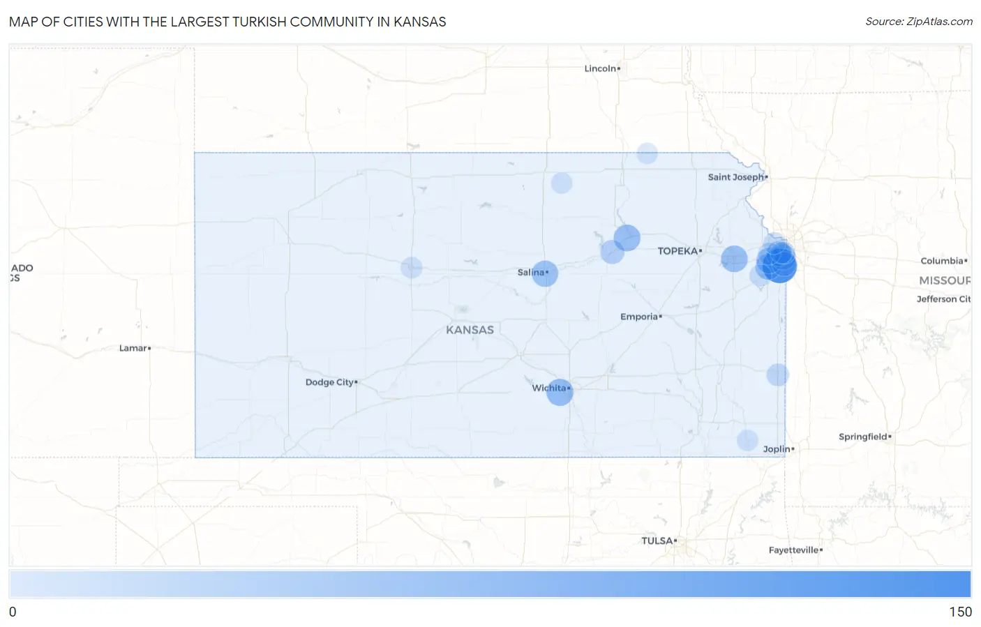 Cities with the Largest Turkish Community in Kansas Map